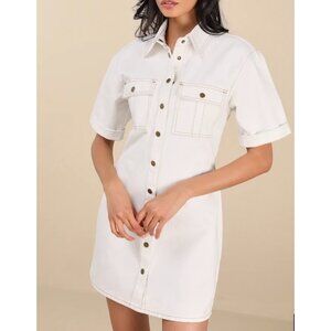 Lulus Renske White Denim Button-Front Mini Shirt Dress Sz Medium Womens White Po
